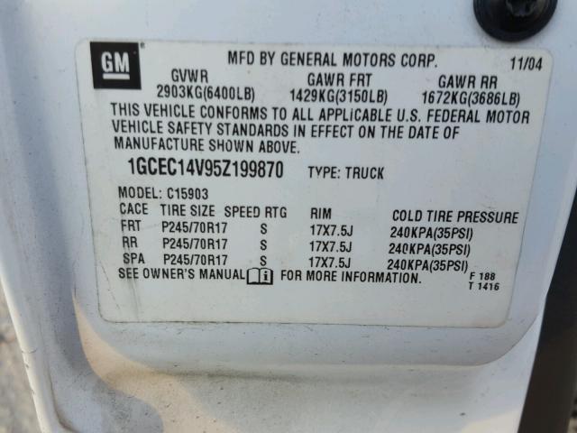 1GCEC14V95Z199870 - 2005 CHEVROLET SILVERADO WHITE photo 10