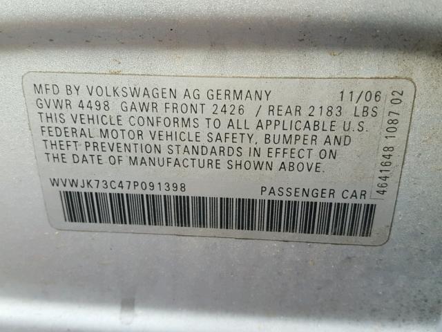 WVWJK73C47P091398 - 2007 VOLKSWAGEN PASSAT SILVER photo 10