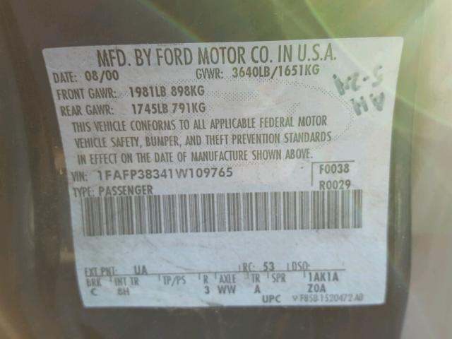 1FAFP38341W109765 - 2001 FORD FOCUS ZTS BLACK photo 10