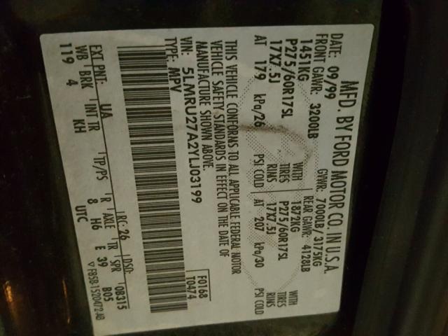 5LMRU27A2YLJ03199 - 2000 LINCOLN NAVIGATOR 黑色 照片 10