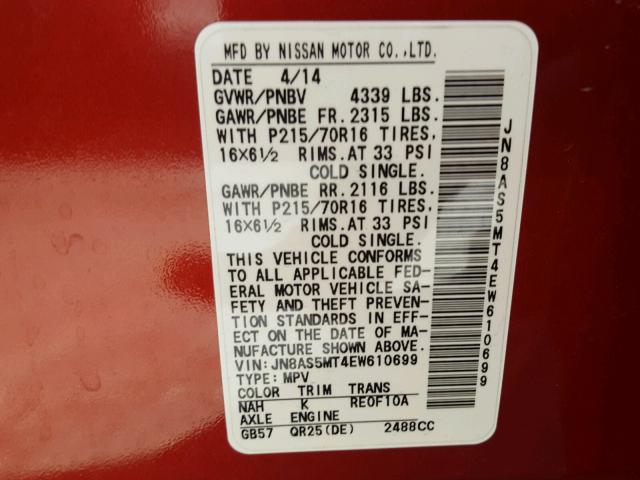 JN8AS5MT4EW610699 - 2014 NISSAN ROGUE SELE RED photo 10