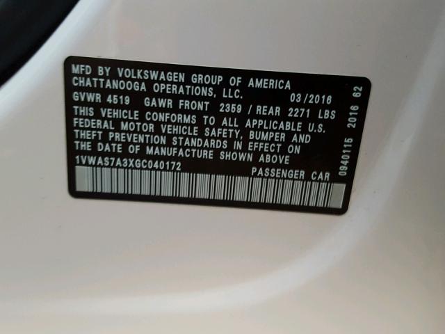 1VWAS7A3XGC040172 - 2016 VOLKSWAGEN PASSAT S თეთრი ფოტო 10