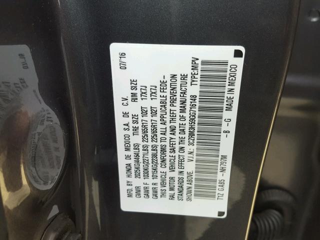 3CZRM3H59GG716148 - 2016 HONDA CR-V EX ნაცრისფერი ფოტო 10