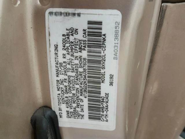 4T1BG22K5WU387608 - 1998 TOYOTA CAMRY CE GOLD photo 10