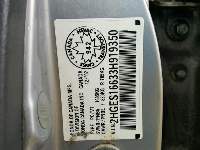 2HGES16633H919350 - 2003 HONDA CIVIC LX SILVER photo 10