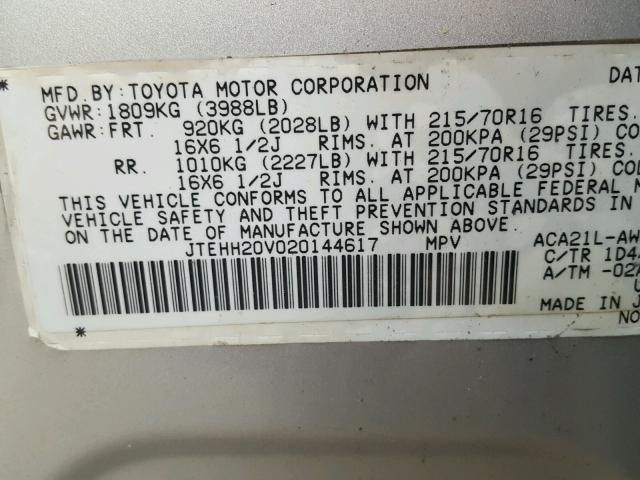 JTEHH20V020144617 - 2002 TOYOTA RAV4 SILVER photo 10