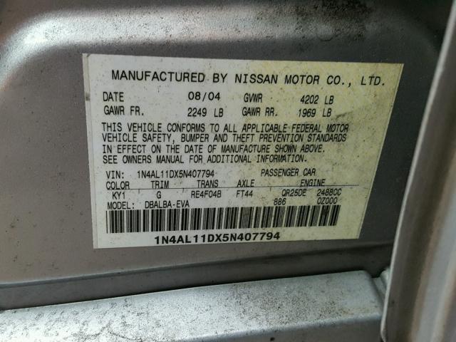 1N4AL11DX5N407794 - 2005 NISSAN ALTIMA S SILVER photo 10