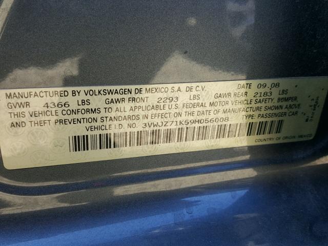 3VWJZ71K59M056008 - 2009 VOLKSWAGEN JETTA S CHARCOAL photo 10