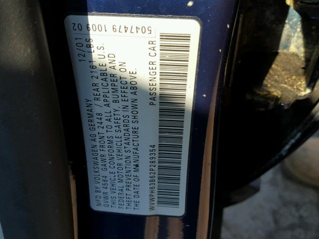 WVWPH63B62P289354 - 2002 VOLKSWAGEN PASSAT GLS BLUE photo 10