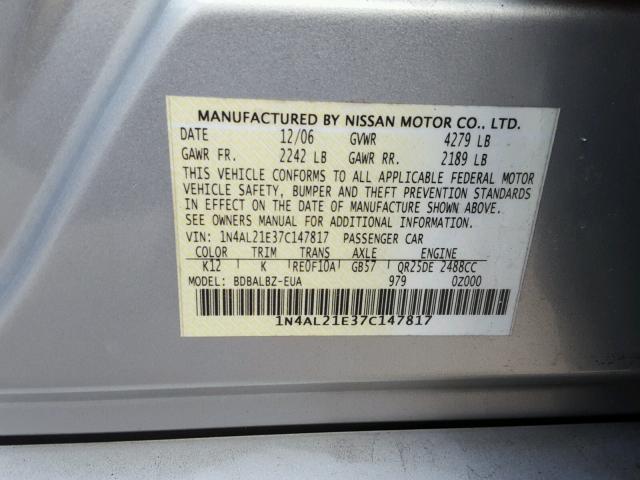 1N4AL21E37C147817 - 2007 NISSAN ALTIMA 2.5 SILVER photo 10