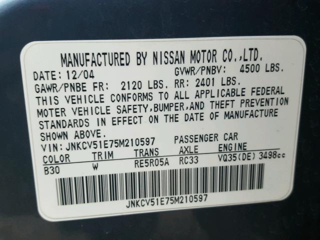 JNKCV51E75M210597 - 2005 INFINITI G35 BLUE photo 10