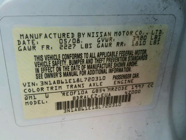 3N1AB61E18L720310 - 2008 NISSAN SENTRA 2.0 WHITE photo 10