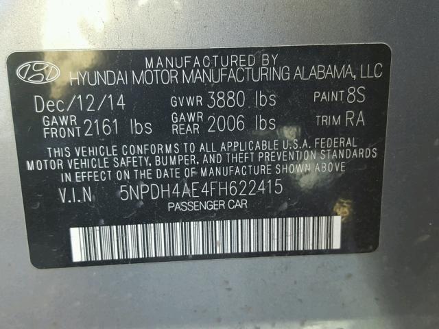 5NPDH4AE4FH622415 - 2015 HYUNDAI ELANTRA SE SILVER photo 10