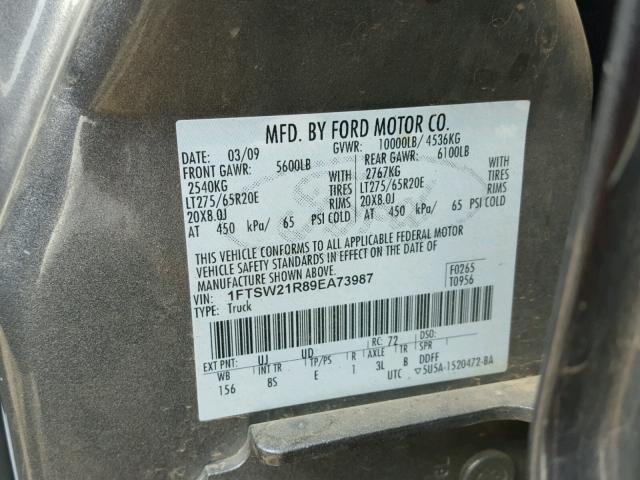 1FTSW21R89EA73987 - 2009 FORD F250 SUPER GRAY photo 10