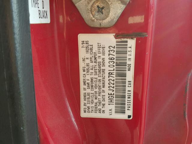 1HGEJ2227RL036732 - 1994 HONDA CIVIC DX RED photo 10