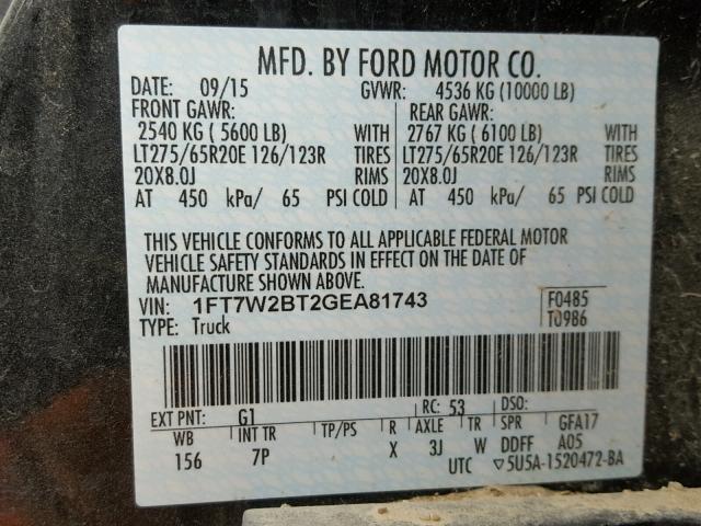 1FT7W2BT2GEA81743 - 2016 FORD F250 SUPER BLACK photo 10