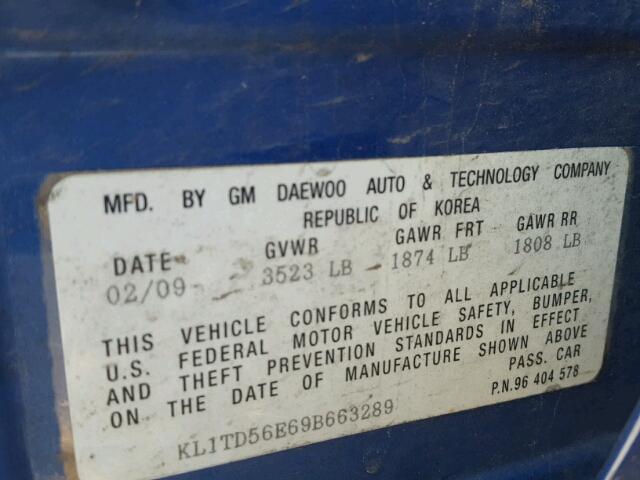 KL1TD56E69B663289 - 2009 CHEVROLET AVEO LS 蓝色 照片 10