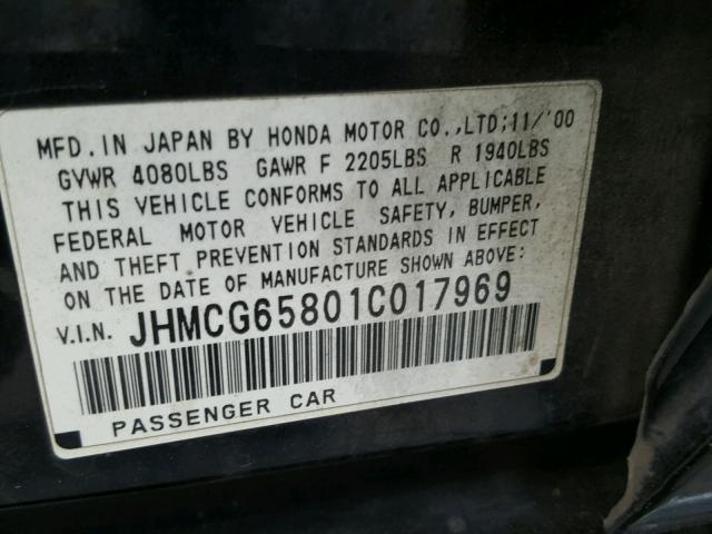 JHMCG65801C017969 - 2001 HONDA ACCORD EX BLACK photo 10