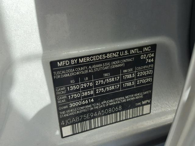 4JGAB75E94A508068 - 2004 MERCEDES-BENZ ML 500 SILVER photo 10