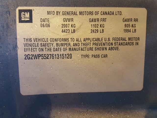 2G2WP552761315120 - 2006 PONTIAC GRAND PRIX BLUE photo 10