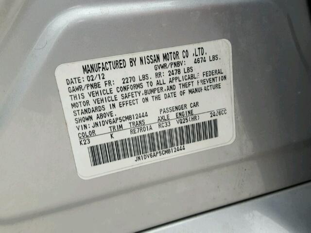 JN1DV6AP5CM812444 - 2012 INFINITI G25 BASE SILVER photo 10