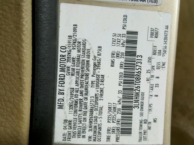 3LNHM26T08R657313 - 2008 LINCOLN MKZ ოქროსფერი ფოტო 10