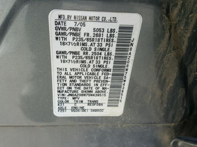 JN8AZ08W75W439515 - 2005 NISSAN MURANO SL GRAY photo 10