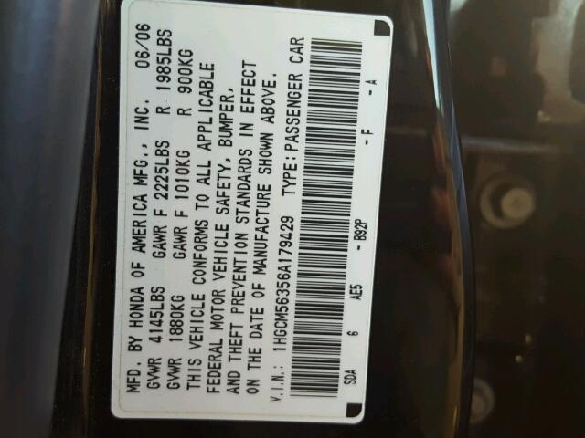 1HGCM56356A179429 - 2006 HONDA ACCORD SE BLACK photo 10