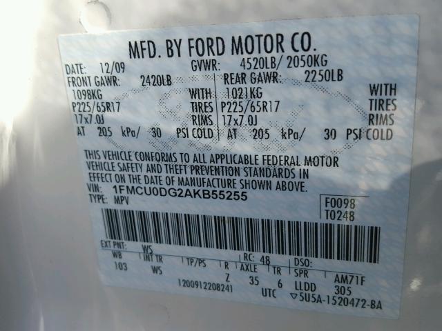 1FMCU0DG2AKB55255 - 2010 FORD ESCAPE XLT WHITE photo 10