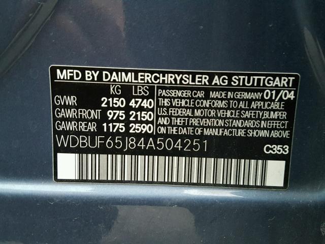 WDBUF65J84A504251 - 2004 MERCEDES-BENZ E 320 BLUE photo 10