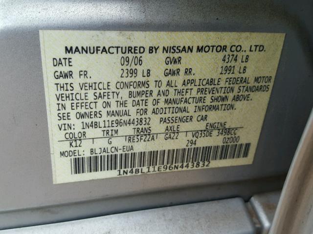 1N4BL11E96N443832 - 2006 NISSAN ALTIMA SE SILVER photo 10