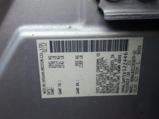 1N4AL2AP7CN522446 - 2012 NISSAN ALTIMA BAS SILVER photo 10