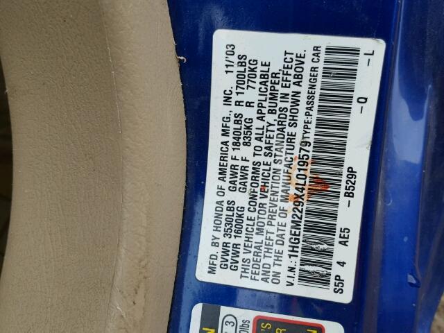 1HGEM229X4L019579 - 2004 HONDA CIVIC EX 蓝色 照片 10