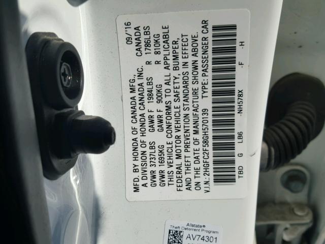 2HGFC2F58GH570139 - 2016 HONDA CIVIC LX WHITE photo 10