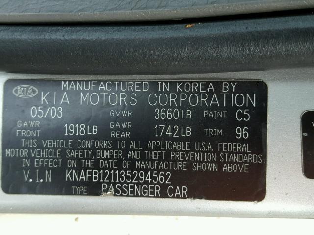 KNAFB121135294562 - 2003 KIA SPECTRA BA SILVER photo 10