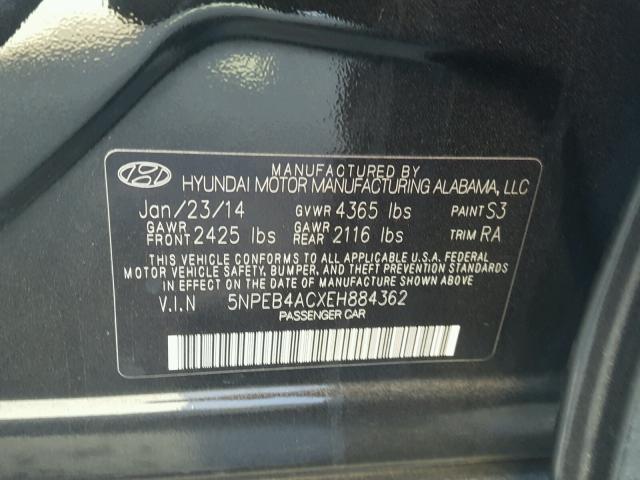 5NPEB4ACXEH884362 - 2014 HYUNDAI SONATA GLS BLACK photo 10