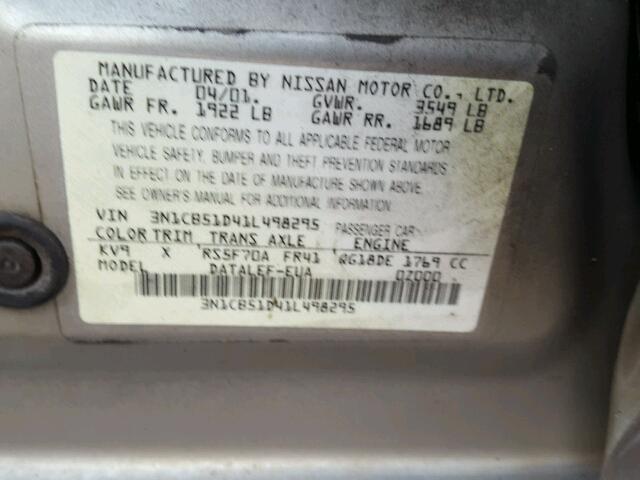 3N1CB51D41L498295 - 2001 NISSAN SENTRA XE BEIGE photo 10