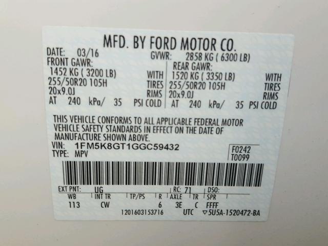 1FM5K8GT1GGC59432 - 2016 FORD EXPLORER S WHITE photo 10