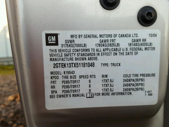 2GTEK13TX51181048 - 2005 GMC NEW SIERRA SILVER photo 10