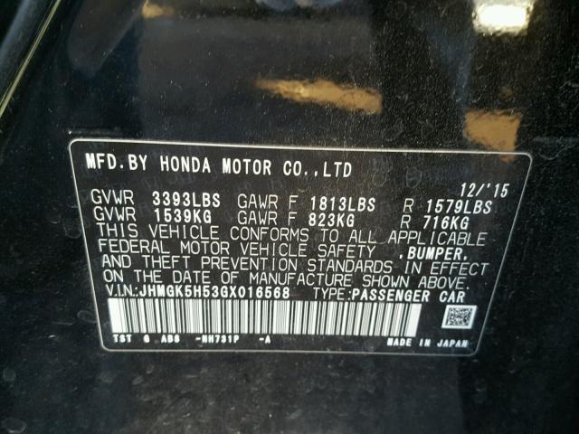 JHMGK5H53GX016568 - 2016 HONDA FIT LX BLACK photo 10