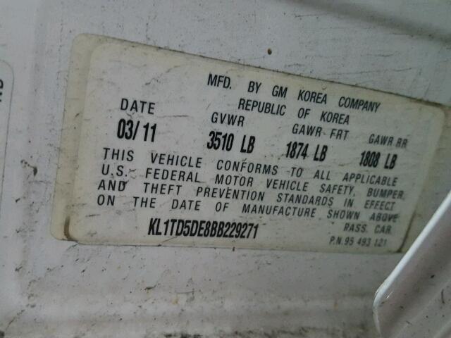 KL1TD5DE8BB229271 - 2011 CHEVROLET AVEO LS 白色 照片 10