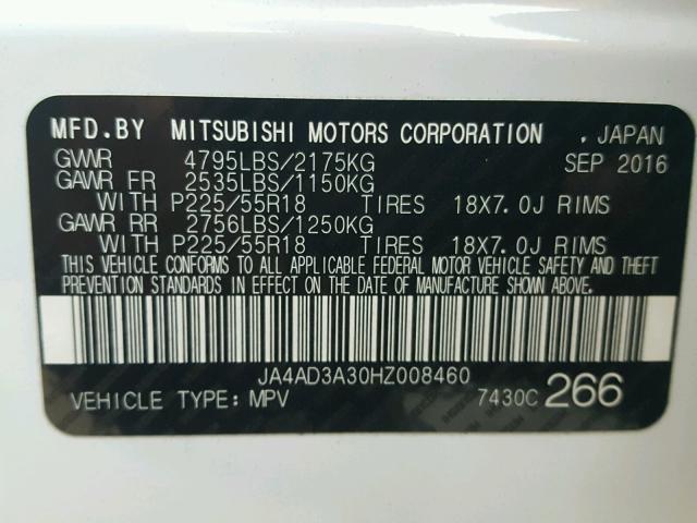 JA4AD3A30HZ008460 - 2017 MITSUBISHI OUTLANDER WHITE photo 10