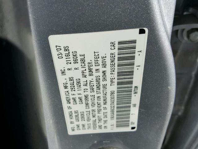 19UUA66227A030780 - 2007 ACURA TL SILVER photo 10