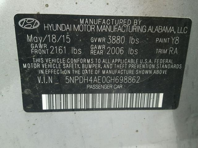 5NPDH4AE0GH698862 - 2016 HYUNDAI ELANTRA SE SILVER photo 10