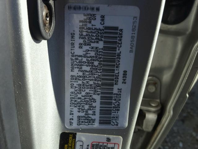 4T1BF32K14U069331 - 2004 TOYOTA CAMRY LE SILVER photo 10