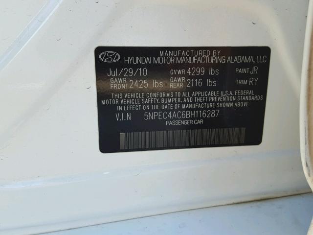 5NPEC4AC6BH116287 - 2011 HYUNDAI SONATA SE 白色 照片 10