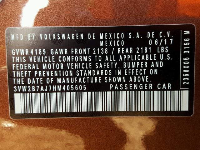 3VW2B7AJ7HM405605 - 2017 VOLKSWAGEN JETTA S 棕色 照片 10