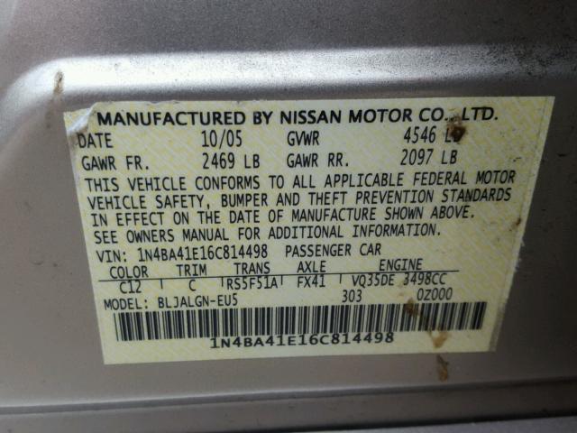 1N4BA41E16C814498 - 2006 NISSAN MAXIMA SE GOLD photo 10