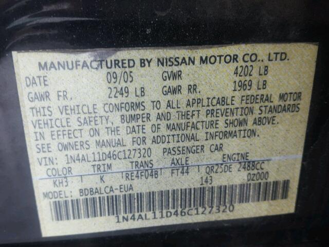 1N4AL11D46C127320 - 2006 NISSAN ALTIMA S BLACK photo 10