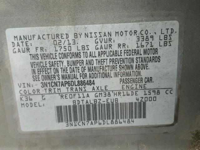 3N1CN7AP6DL886484 - 2013 NISSAN VERSA S GRAY photo 10